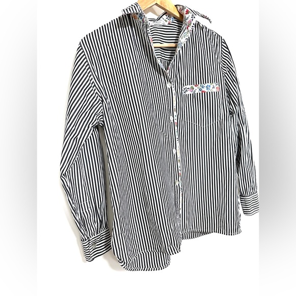 Riva Varenna Striped Black and White Button Down with Floral Accents Size Large - Picture 3 of 7